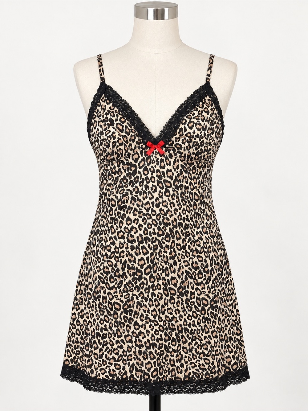 La Senza Leopard Print Lace Babydoll Chemise L Black Bow Y2K Lingerie